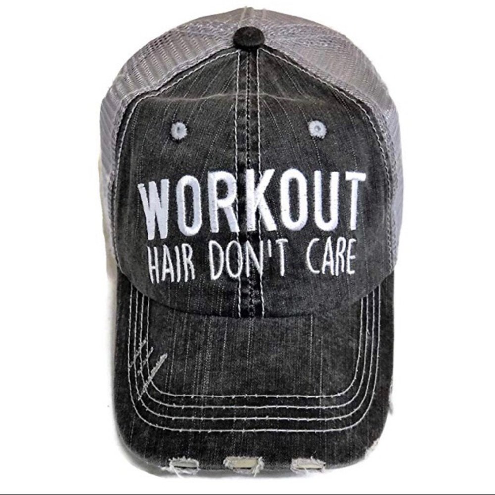 New Distressed Workout Hair Don’t Care Trucker Hat